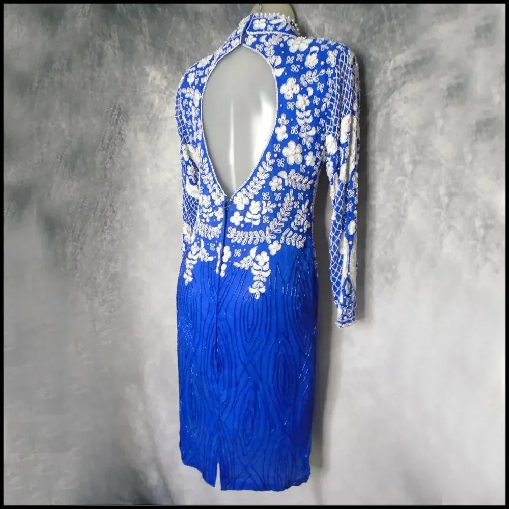 80s Vintage Long Sleeve Formal Blue White Beaded Cocktail Dress, Open Back_7